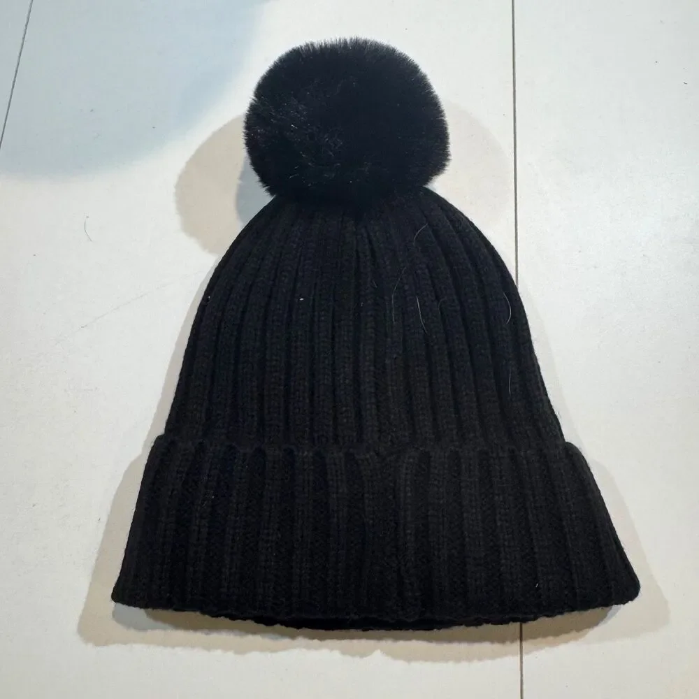 Calvin Klein Ribbed Black Knit Beanie Cuffed Winter Pom Toboggan Hat